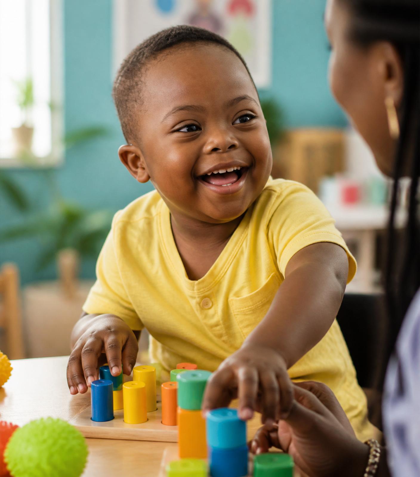 Joyful Nigerian child with special needs playing with sensory toys during a therapy session